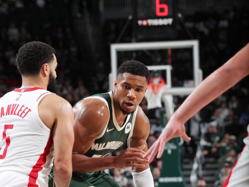 MILWAUKEE, WI - NOVEMBER 18: Giannis Antetokounmpo #34 of the Milwaukee Bucks dribbles the ball during the game against the Houston Rockets on November 18, 2024 at the Fiserv Forum Center in Milwaukee, Wisconsin. NOTE TO USER: User expressly acknowledges and agrees that, by downloading and or using this Photograph, user is consenting to the terms and conditions of the Getty Images License Agreement. Mandatory Copyright Notice: Copyright 2024 NBAE (Photo by Gary Dineen/NBAE via Getty Images).