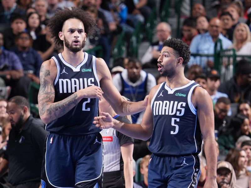 DALLAS, TX - DECEMBER 3: Dereck Lively II #2  and Quentin Grimes #5 of the Dallas Mavericks talk during the game against the Memphis Grizzlies during a Emirates NBA Cup game on December 3, 2024 at American Airlines Center in Dallas, Texas. NOTE TO USER: User expressly acknowledges and agrees that, by downloading and or using this photograph, User is consenting to the terms and conditions of the Getty Images License Agreement. Mandatory Copyright Notice: Copyright 2024 NBAE (Photo by Glenn James/NBAE via Getty Images)