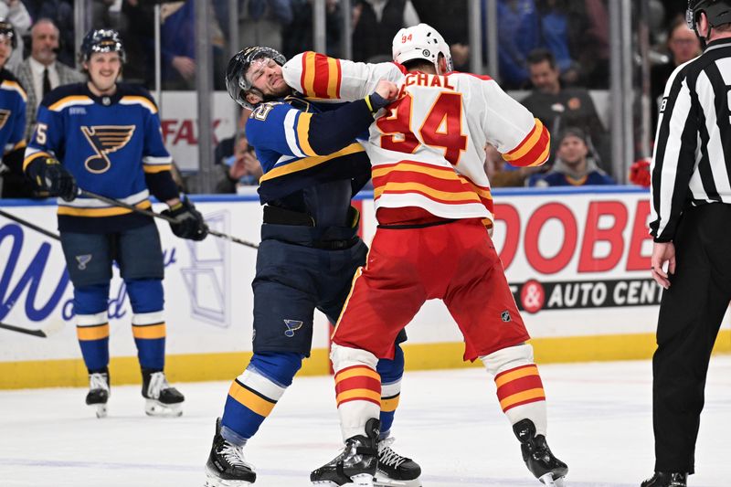 Jan 16, 2025; St. Louis, Missouri, USA; St. Louis Blues left wing Nathan Walker (26) fits Calgary Flames defenseman Brayden Pachal (94) in the third period at Enterprise Center. Mandatory Credit: Joe Puetz-Imagn Images