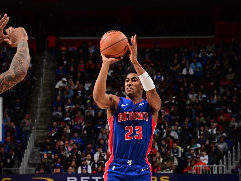 DETROIT, MI - MARCH 9: Jaden Ivey #23 of the Detroit Pistons shoots the ball during the game against the Dallas Mavericks on March 9, 2024 at Little Caesars Arena in Detroit, Michigan. NOTE TO USER: User expressly acknowledges and agrees that, by downloading and/or using this photograph, User is consenting to the terms and conditions of the Getty Images License Agreement. Mandatory Copyright Notice: Copyright 2024 NBAE (Photo by Chris Schwegler/NBAE via Getty Images)