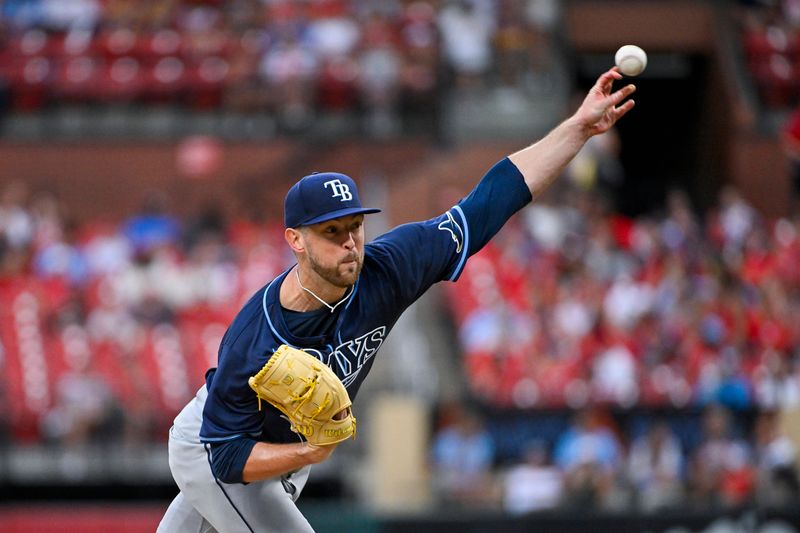 Aug 6, 2024; St. Louis, Missouri, USA;  Tampa Bay Rays starting pitcher Jeffrey Springs (59) pitches against the St. Louis Cardinals during the first inning at Busch Stadium. Mandatory Credit: Jeff Curry-USA TODAY Sports