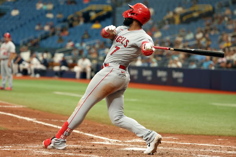 wSep 21, 2023; St. Petersburg, Florida, USA; Los Angeles Angels right fielder Jo Adell (7) hits a two-run home run during the sixth inning against the Tampa Bay Rays at Tropicana Field. Mandatory Credit: Kim Klement Neitzel-USA TODAY Sports