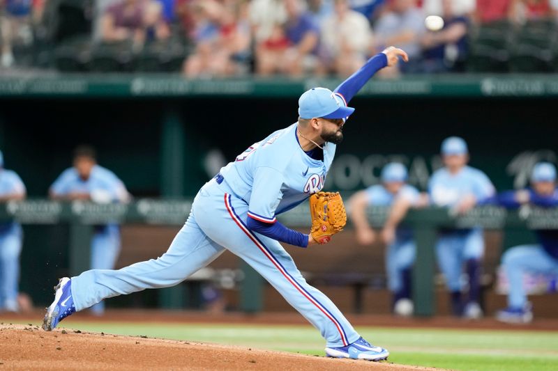 Jul 16, 2023; Arlington, Texas, USA; Texas Rangers starting pitcher Martin Perez (54) delivers a pitch to the Cleveland Guardians during the first inning at Globe Life Field. Mandatory Credit: Jim Cowsert-USA TODAY Sports