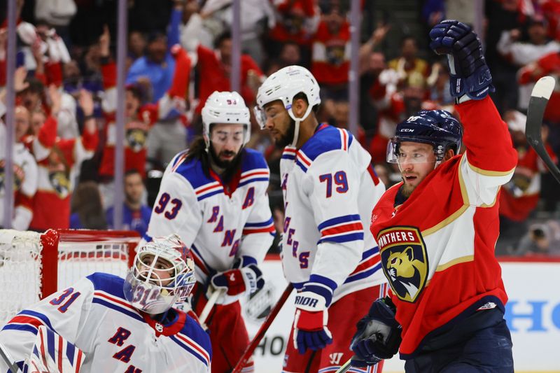 May 28, 2024; Sunrise, Florida, USA;Florida Panthers right wing Vladimir Tarasenko (10) celebrates after a goal by center Carter Verhaeghe (not pictured) against the New York Rangers during the second period in game four of the Eastern Conference Final of the 2024 Stanley Cup Playoffs at Amerant Bank Arena. Mandatory Credit: Sam Navarro-USA TODAY Sports