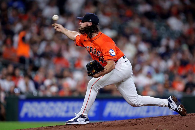 Aug 16, 2024; Houston, Texas, USA; Houston Astros starting pitcher Spencer Arrighetti (41) delivers a pitch against the Chicago White Sox during the second inning at Minute Maid Park. Mandatory Credit: Erik Williams-USA TODAY Sports