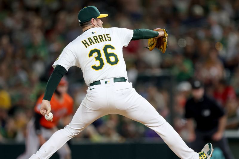 Jun 7, 2025; West Sacramento, California, USA; Athletics pitcher Hogan Harris (36) throws a pitch against the Baltimore Orioles during the sixth inning at Sutter Health Park. Mandatory Credit: Dennis Lee-Imagn Images