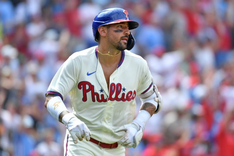 Aug 6, 2023; Philadelphia, Pennsylvania, USA; Philadelphia Phillies right fielder Nick Castellanos (8) watches his two-run home run against the Kansas City Royals during the fifth inning at Citizens Bank Park. Mandatory Credit: Eric Hartline-USA TODAY Sports