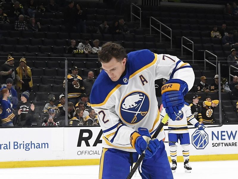 Oct 30, 2025; Boston, Massachusetts, USA;  Buffalo Sabres center Tage Thompson (72) stick handles with the puck during warmups prior to a game against the Boston Bruins at TD Garden. Mandatory Credit: Bob DeChiara-Imagn Images