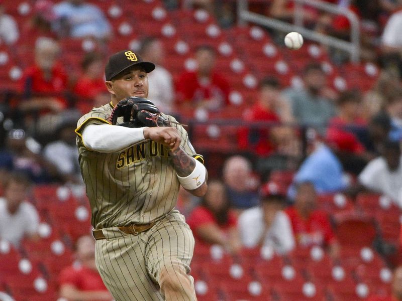 Aug 28, 2024; St. Louis, Missouri, USA;  San Diego Padres third baseman Manny Machado (13) throws on the run against the St. Louis Cardinals during the second inning at Busch Stadium. Mandatory Credit: Jeff Curry-USA TODAY Sports