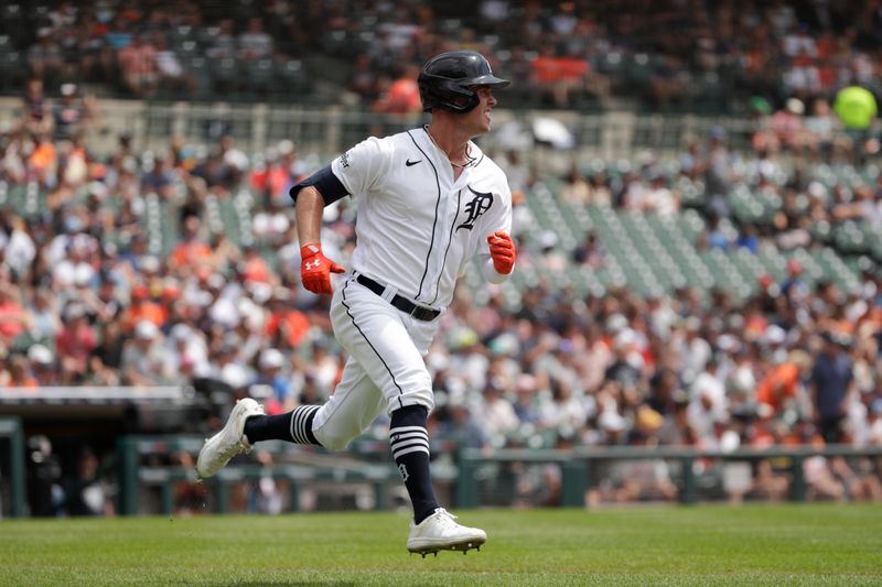 Jul 23, 2023; Detroit, Michigan, USA; Detroit Tigers outfielder Kerry Carpenter (30) grounds out during the first inning at Comerica Park. Mandatory Credit: Brian Bradshaw Sevald-USA TODAY Sports