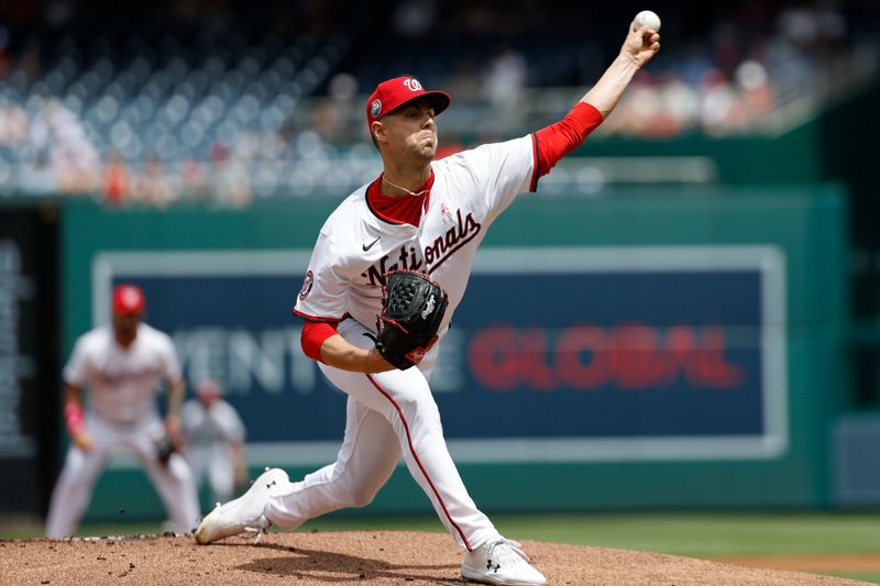 May 11, 2025; Washington, District of Columbia, USA; Washington Nationals starting pitcher MacKenzie Gore (1) pitches against the St. Louis Cardinals during the first inning at Nationals Park. Mandatory Credit: Geoff Burke-Imagn Images