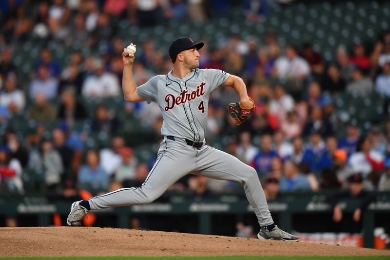 Aug 21, 2024; Chicago, Illinois, USA; Detroit Tigers starting pitcher Beau Brieske (4) pitches during the first inning against the Chicago Cubs at Wrigley Field. Mandatory Credit: Patrick Gorski-USA TODAY Sports