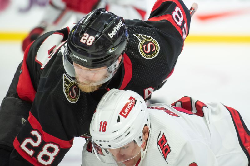 Dec 12, 2023; Ottawa, Ontario, CAN; Ottawa Senators right wing Claude Giroux (28) faces off against Carolina Hurricanes center Jack Drury (18) in the second period at the Canadian Tire Centre. Mandatory Credit: Marc DesRosiers-USA TODAY Sports