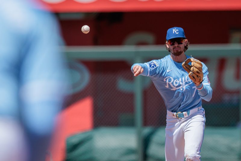 Apr 21, 2024; Kansas City, Missouri, USA; Kansas City Royals shortstop Bobby Witt Jr. (7) throws to first base during the fourth inning against the Baltimore Orioles at Kauffman Stadium. Mandatory Credit: William Purnell-USA TODAY Sports