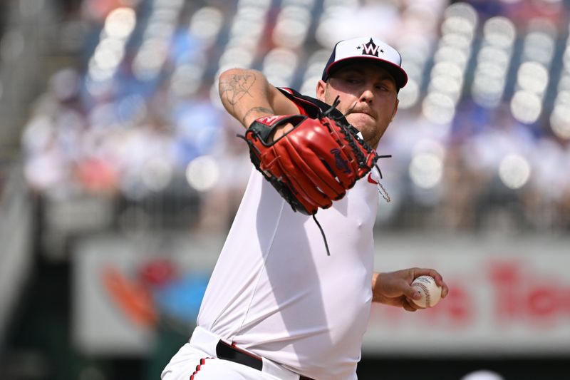 Sep 1, 2024; Washington, District of Columbia, USA; Washington Nationals starting pitcher Mitchell Parker (70) throws a pitch against the Chicago Cubs during the second inning at Nationals Park. Mandatory Credit: Rafael Suanes-USA TODAY Sports