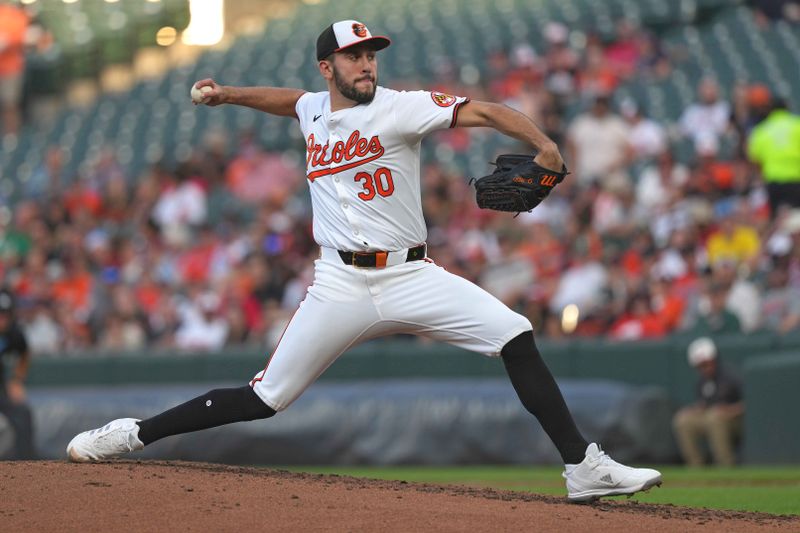 May 28, 2024; Baltimore, Maryland, USA; Baltimore Orioles pitcher Grayson Rodriguez (30) delivers in the third inning against the Boston Red Sox at Oriole Park at Camden Yards. Mandatory Credit: Mitch Stringer-USA TODAY Sports