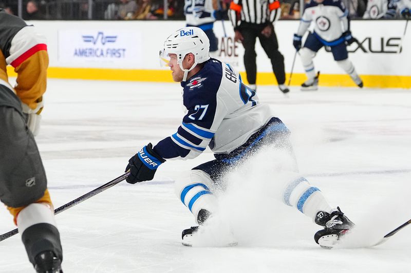 Nov 29, 2024; Las Vegas, Nevada, USA; Winnipeg Jets left wing Nikolaj Ehlers (27) skates against the Vegas Golden Knights during the first period at T-Mobile Arena. Mandatory Credit: Stephen R. Sylvanie-Imagn Images