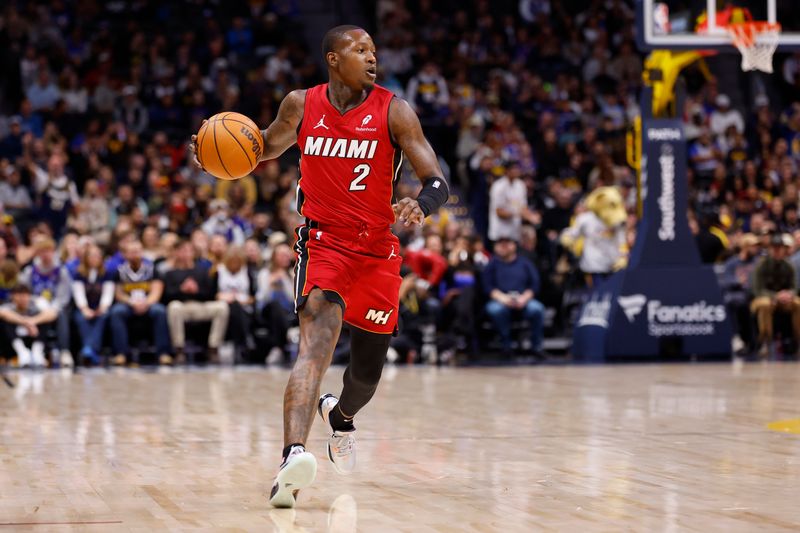 DENVER, COLORADO - NOVEMBER 8: Terry Rozier #2 of the Miami Heat handles the ball against the Denver Nuggets during the first quarter  at Ball Arena on November 8, 2024 in Denver, Colorado. NOTE TO USER: User expressly acknowledges and agrees that, by downloading and or using this photograph, User is consenting to the terms and conditions of the Getty Images License Agreement. (Photo by C. Morgan Engel/Getty Images)