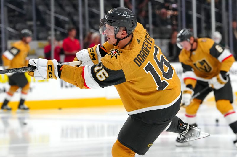 Sep 29, 2023; Las Vegas, Nevada, USA; Vegas Golden Knights left wing Pavel Dorofeyev (16) warms up before a preseason game against the Arizona Coyotes at T-Mobile Arena. Mandatory Credit: Stephen R. Sylvanie-USA TODAY Sports