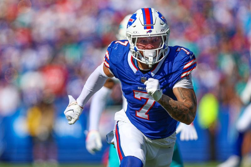 Buffalo Bills cornerback Taron Johnson (7) in action during an NFL football game against the Miami Dolphins, Sunday, Oct. 1, 2023, in Orchard Park, N.Y. (AP Photo/Gary McCullough)