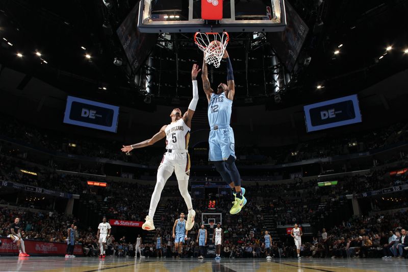 MEMPHIS, TN - NOVEMBER 29: Ja Morant #12 of the Memphis Grizzlies dunks the ball during the game against the New Orleans Pelicans during the Emirates NBA Cup game on November 29, 2024 at FedExForum in Memphis, Tennessee. NOTE TO USER: User expressly acknowledges and agrees that, by downloading and or using this photograph, User is consenting to the terms and conditions of the Getty Images License Agreement. Mandatory Copyright Notice: Copyright 2024 NBAE (Photo by Joe Murphy/NBAE via Getty Images)