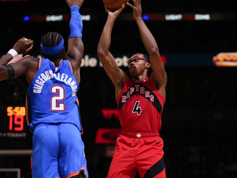 TORONTO, CANADA - DECEMBER 05: Scottie Barnes #4 of the Toronto Raptors shoots the ball during the game against the Oklahoma City Thunder on December 05, 2024 at the Scotiabank Arena in Toronto, Ontario, Canada.  NOTE TO USER: User expressly acknowledges and agrees that, by downloading and or using this Photograph, user is consenting to the terms and conditions of the Getty Images License Agreement.  Mandatory Copyright Notice: Copyright 2024 NBAE (Photo by Mark Blinch/NBAE via Getty Images)