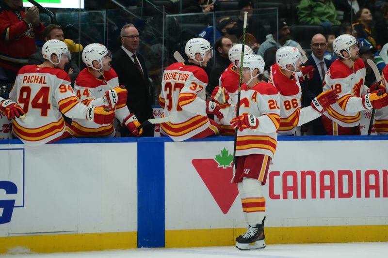 Nov 23, 2025; Vancouver, British Columbia, CAN;  Calgary Flames left wing Blake Coleman (20) celebrates scoring with teammates on the bench during the third period against the Vancouver Canucks at Rogers Arena. Mandatory Credit: Simon Fearn-Imagn Images