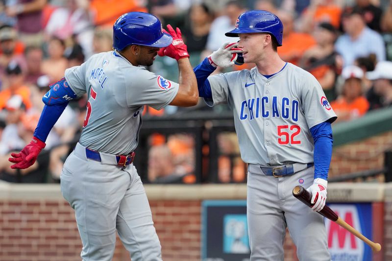 Jul 10, 2024; Baltimore, Maryland, USA; Chicago Cubs third baseman Christopher Morel (5) greeted by outfielder Pete Crow Armstrong (52) following his solo home run in the first inning against the Baltimore Orioles at Oriole Park at Camden Yards. Mandatory Credit: Mitch Stringer-USA TODAY Sports