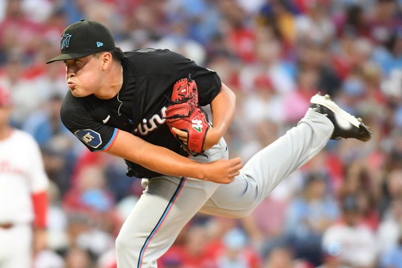 Aug 13, 2024; Philadelphia, Pennsylvania, USA; Miami Marlins pitcher Valente Bellozo (83) throws a pitch during the fifth inning against the Philadelphia Phillies at Citizens Bank Park. Mandatory Credit: Eric Hartline-USA TODAY Sports