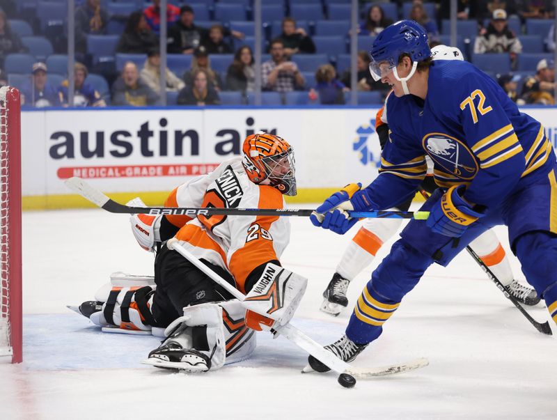 Sep 27, 2022; Buffalo, New York, USA;  Philadelphia Flyers goaltender Troy Grosenick (29) makes a save on Buffalo Sabres right wing Tage Thompson (72) during the second period at KeyBank Center. Mandatory Credit: Timothy T. Ludwig-USA TODAY Sports