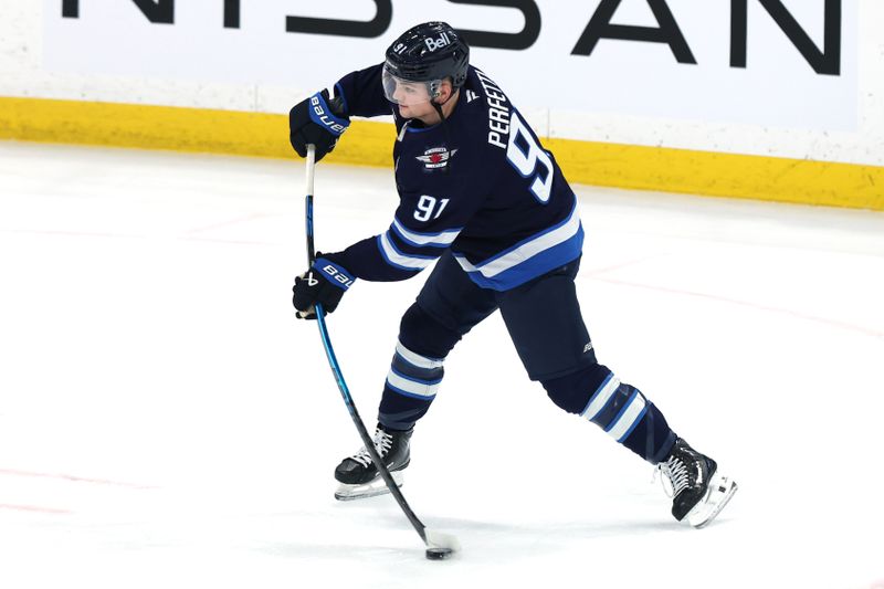 Jan 17, 2026; Winnipeg, Manitoba, CAN; Winnipeg Jets center Cole Perfetti (91) warms up before a game against the Toronto Maple Leafs at Canada Life Centre. Mandatory Credit: James Carey Lauder-Imagn Images