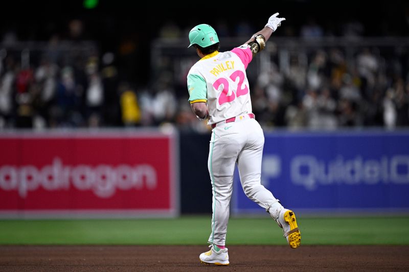 Apr 26, 2024; San Diego, California, USA; San Diego Padres designated hitter Graham Pauley (22) rounds the bases after hitting a two-run home run against the Philadelphia Phillies during the seventh inning at Petco Park. Mandatory Credit: Orlando Ramirez-USA TODAY Sports