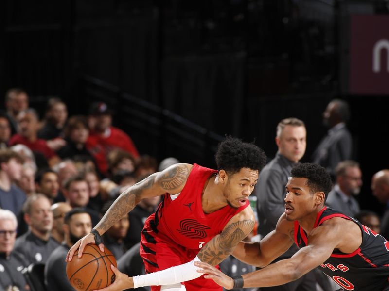 PORTLAND, OR - MARCH 9: Anfernee Simons #1 of the Portland Trail Blazers looks to pass the ball during the game against the Toronto Raptors on March 9, 2024 at the Moda Center Arena in Portland, Oregon. NOTE TO USER: User expressly acknowledges and agrees that, by downloading and or using this photograph, user is consenting to the terms and conditions of the Getty Images License Agreement. Mandatory Copyright Notice: Copyright 2024 NBAE (Photo by Cameron Browne/NBAE via Getty Images)