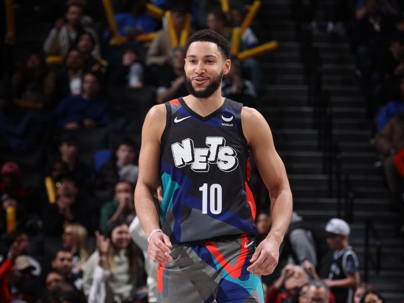 BROOKLYN, NY - JANUARY 29: Ben Simmons #10 of the Brooklyn Nets smiles during the game against the Utah Jazz on January 29, 2024 at Barclays Center in Brooklyn, New York. NOTE TO USER: User expressly acknowledges and agrees that, by downloading and or using this Photograph, user is consenting to the terms and conditions of the Getty Images License Agreement. Mandatory Copyright Notice: Copyright 2024 NBAE (Photo by Nathaniel S. Butler/NBAE via Getty Images)