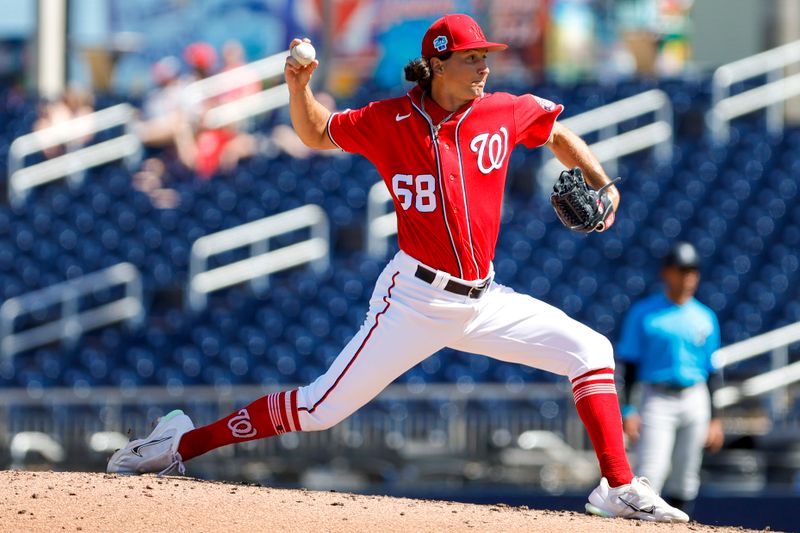 Mar 2, 2023; West Palm Beach, Florida, USA; Washington Nationals starting pitcher Thad Ward (68) delivers a pitch during the fourth inning against the Miami Marlins at The Ballpark of the Palm Beaches. Mandatory Credit: Sam Navarro-USA TODAY Sports