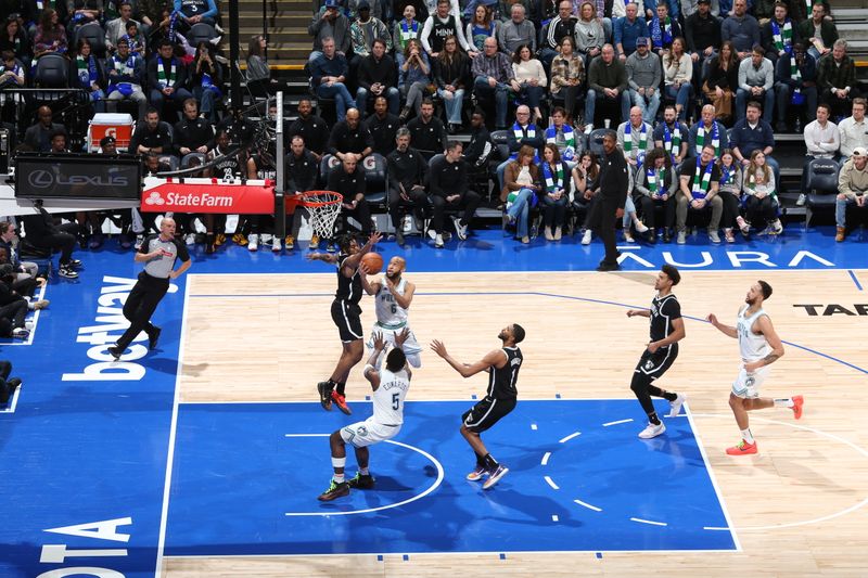 MINNEAPOLIS, MN -  FEBRUARY 24: Jordan McLaughlin #6 of the Minnesota Timberwolves drives to the basket during the game against the Brooklyn Nets on February 24, 2024 at Target Center in Minneapolis, Minnesota. NOTE TO USER: User expressly acknowledges and agrees that, by downloading and or using this Photograph, user is consenting to the terms and conditions of the Getty Images License Agreement. Mandatory Copyright Notice: Copyright 2024 NBAE (Photo by David Sherman/NBAE via Getty Images)