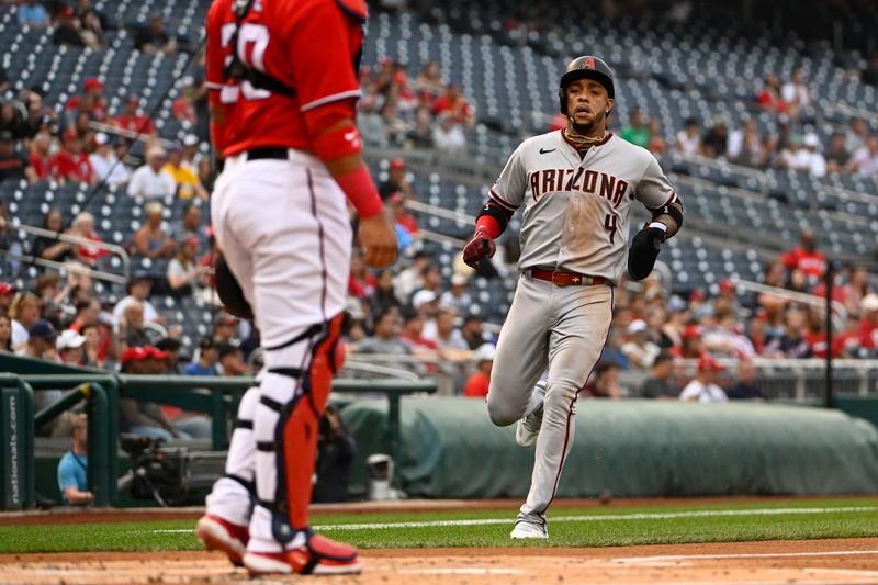 Jun 6, 2023; Washington, District of Columbia, USA; Arizona Diamondbacks second baseman Ketel Marte (4) scores a run against the Washington Nationals during the first inning at Nationals Park. Mandatory Credit: Brad Mills-USA TODAY Sports