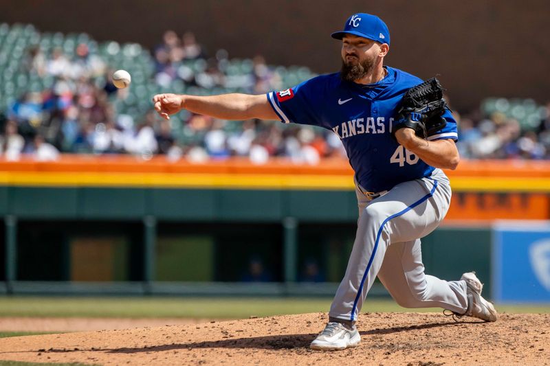 Apr 26, 2024; Detroit, Michigan, USA; Kansas City Royals pitcher John Schreiber (46) throws  in the eighth inning against the Detroit Tigers at Comerica Park. Mandatory Credit: David Reginek-USA TODAY Sports