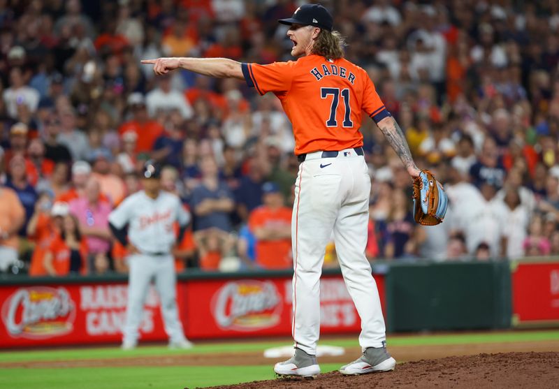 Jun 14, 2024; Houston, Texas, USA;  Houston Astros relief pitcher Josh Hader (71) reacts to a pitch against the Detroit Tigers in the ninth inning at Minute Maid Park. Mandatory Credit: Thomas Shea-USA TODAY Sports