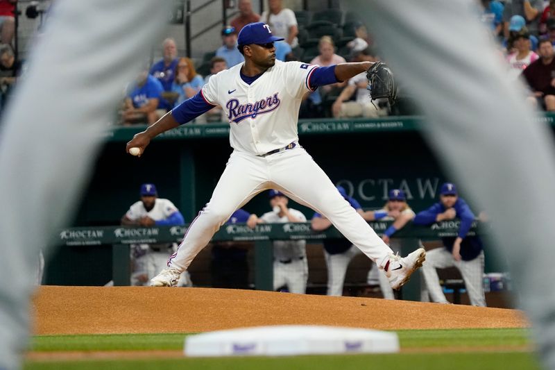 Sep 19, 2024; Arlington, Texas, USA; Texas Rangers pitcher Kumar Rocker (80) throws to the plate during the first inning against the Toronto Blue Jays at Globe Life Field. Mandatory Credit: Raymond Carlin III-Imagn Images