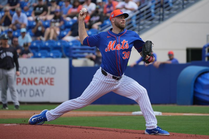 Mar 5, 2024; Port St. Lucie, Florida, USA;  New York Mets starting pitcher Tylor Megill (38) pitches against the New York Yankees in the first inning at Clover Park. Mandatory Credit: Jim Rassol-USA TODAY Sports