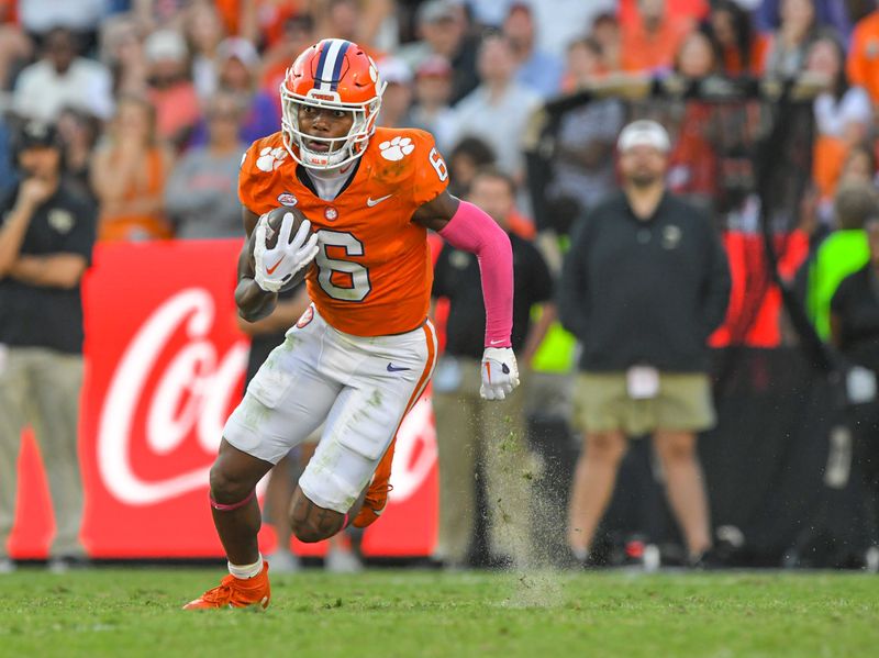 Oct 7, 2023; Clemson, South Carolina, USA; Clemson Tigers receiver Tyler Brown (6) runs after a catch against the Wake Forest Demon Deacons during the fourth quarter at Memorial Stadium. Mandatory Credit: Ken Ruinard-USA TODAY Sports