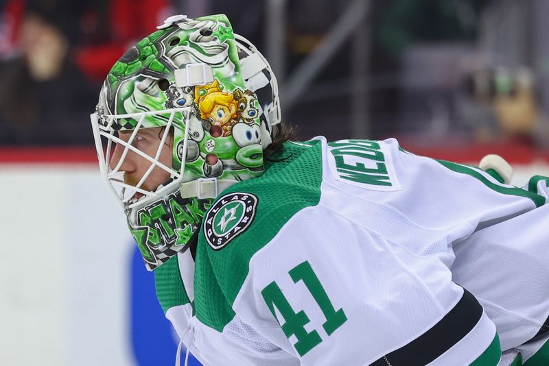 Jan 20, 2024; Newark, New Jersey, USA; Dallas Stars goaltender Scott Wedgewood (41) against the New Jersey Devils during the second period at Prudential Center. Mandatory Credit: Ed Mulholland-USA TODAY Sports