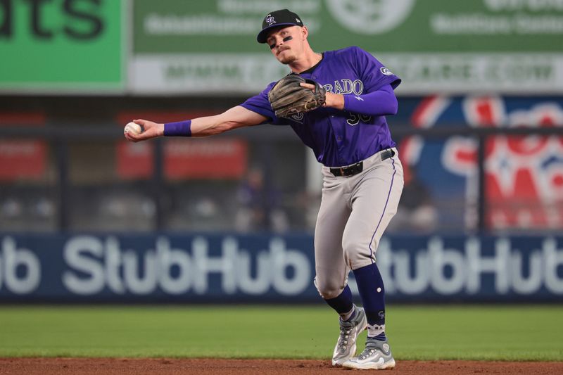 Aug 23, 2024; Bronx, New York, USA;  Colorado Rockies third baseman Aaron Schunk (30) throws the ball to first base for an out during the second inning against the New York Yankees at Yankee Stadium. Mandatory Credit: Vincent Carchietta-USA TODAY Sports