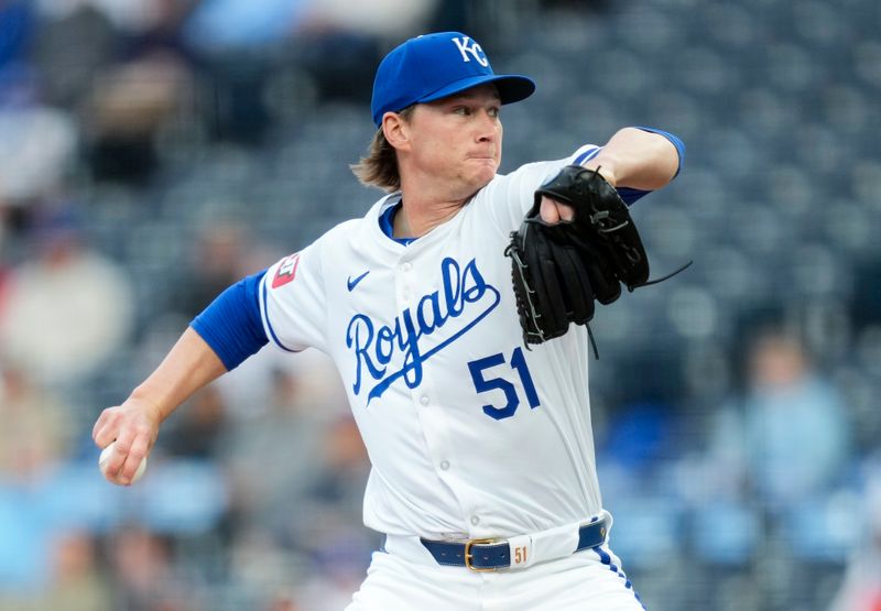 Apr 22, 2024; Kansas City, Missouri, USA; Kansas City Royals pitcher Brady Singer (51) pitches during the first inning against the Toronto Blue Jays at Kauffman Stadium. Mandatory Credit: Jay Biggerstaff-USA TODAY Sports