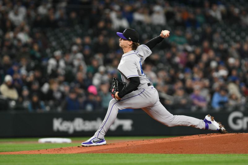 Apr 15, 2023; Seattle, Washington, USA; Colorado Rockies starting pitcher Ryan Feltner pitches to the Seattle Mariners during the first inning at T-Mobile Park. Mandatory Credit: Steven Bisig-USA TODAY Sports