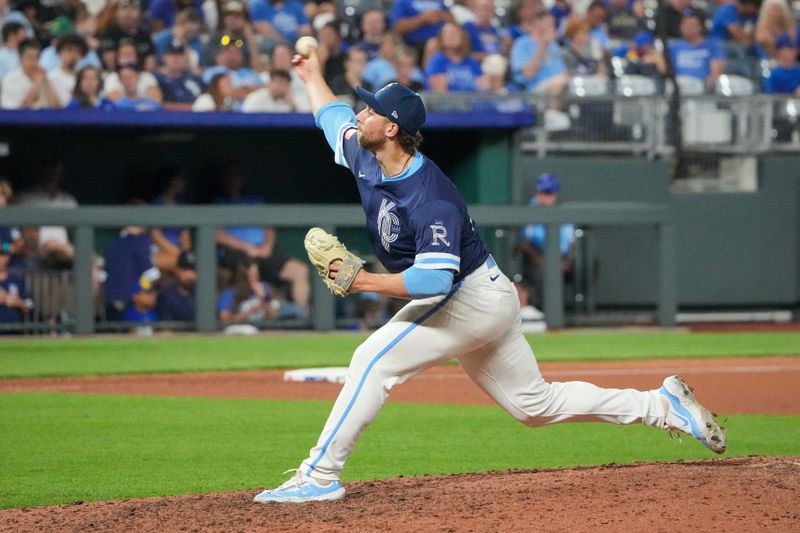 Jul 19, 2024; Kansas City, Missouri, USA; Kansas City Royals pitcher Alec Marsh (48) delivers a pitch abasing the Chicago White Sox in the ninth inning at Kauffman Stadium. Mandatory Credit: Denny Medley-USA TODAY Sports