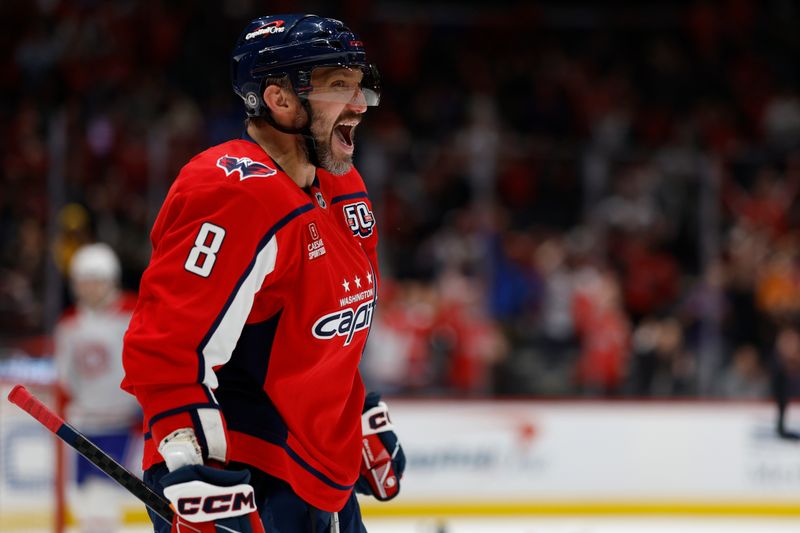 Oct 31, 2024; Washington, District of Columbia, USA; Washington Capitals left wing Alex Ovechkin (8) celebrates after scoring a goal on Montreal Canadiens goaltender Cayden Primeau (30) in the third period at Capital One Arena. Mandatory Credit: Geoff Burke-Imagn Images