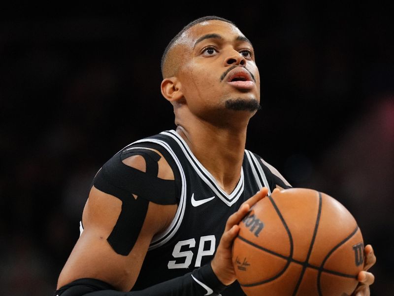 SAN ANTONIO, TX - NOVEMBER 2: Keldon Johnson #0 of the San Antonio Spurs free throw during the game against the Minnesota Timberwolves on November 2, 2024 at the Frost Bank Center in San Antonio, Texas. NOTE TO USER: User expressly acknowledges and agrees that, by downloading and or using this photograph, user is consenting to the terms and conditions of the Getty Images License Agreement. Mandatory Copyright Notice: Copyright 2024 NBAE (Photos by Cooper Neill/NBAE via Getty Images)