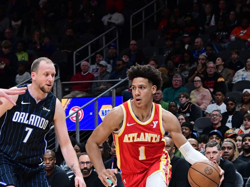 ATLANTA, GA - FEBRUARY 25: Jalen Johnson #1 of the Atlanta Hawks dribbles the ball during the game against the Orlando Magic on February 25, 2024 at State Farm Arena in Atlanta, Georgia.  NOTE TO USER: User expressly acknowledges and agrees that, by downloading and/or using this Photograph, user is consenting to the terms and conditions of the Getty Images License Agreement. Mandatory Copyright Notice: Copyright 2024 NBAE (Photo by Scott Cunningham/NBAE via Getty Images)